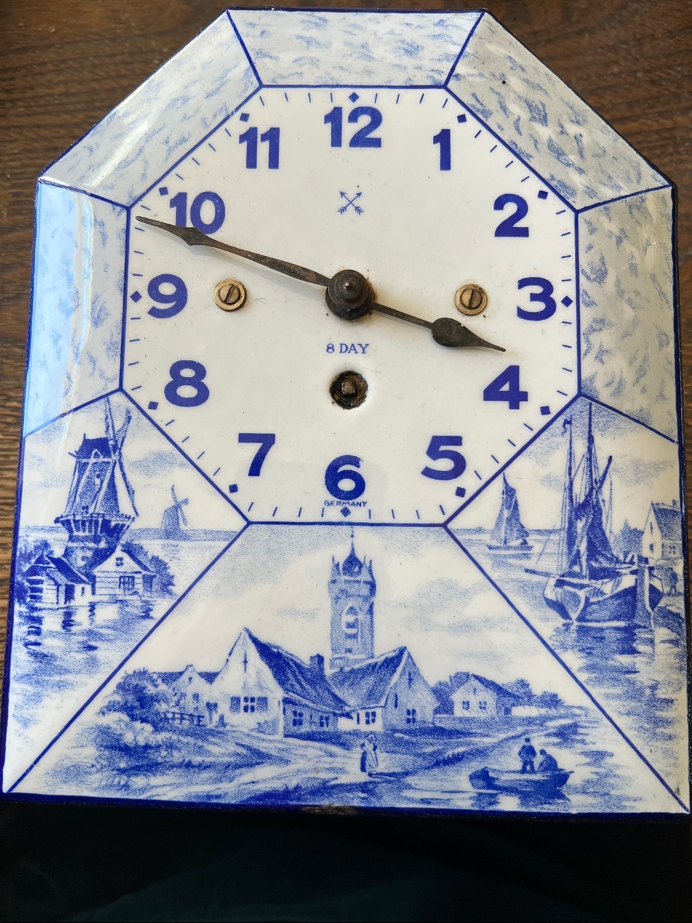 Antique Germany Blue Delft Porcelain 8 day wall clock